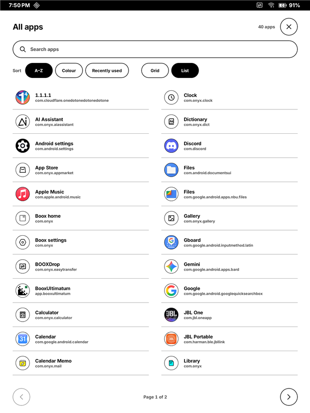 All apps as a two-column list sorted A to Z.