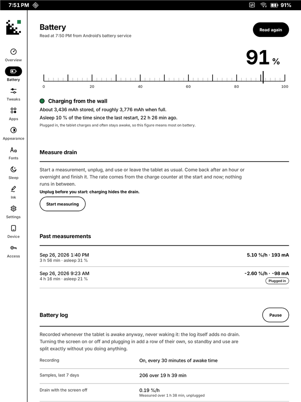 Battery: measure drain, past measurements and the battery log.