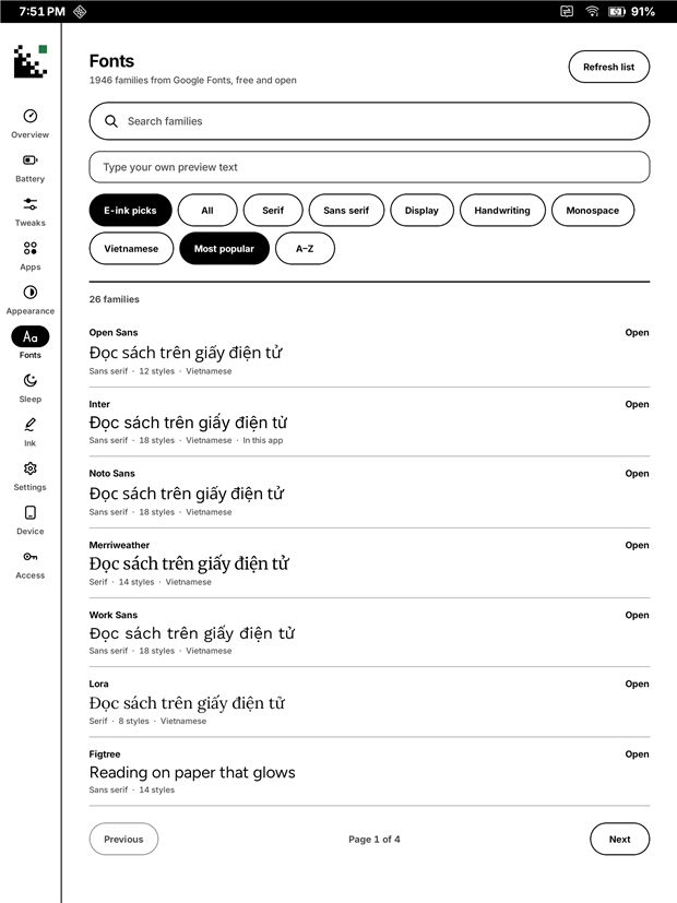 Fonts: a Google Fonts browser with Vietnamese previews.