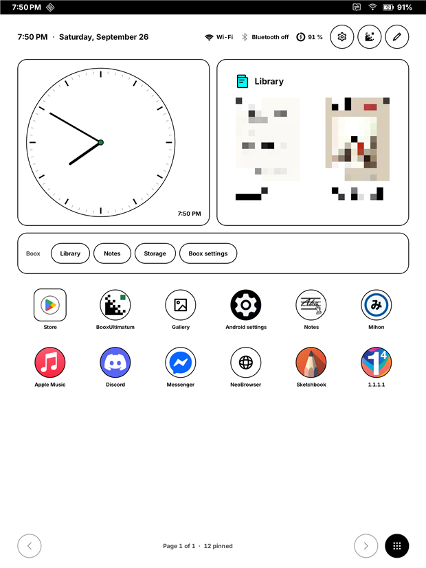 Home in portrait: clock, Library and Boox shelf widgets, then a grid of apps.