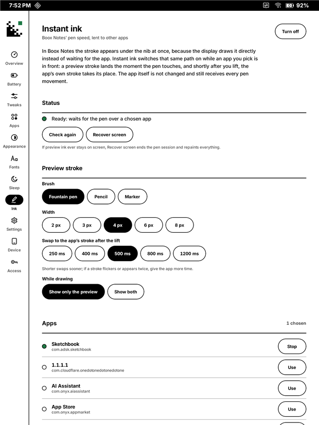 The Instant ink page: status, brush, width, swap delay and the list of apps it applies to.