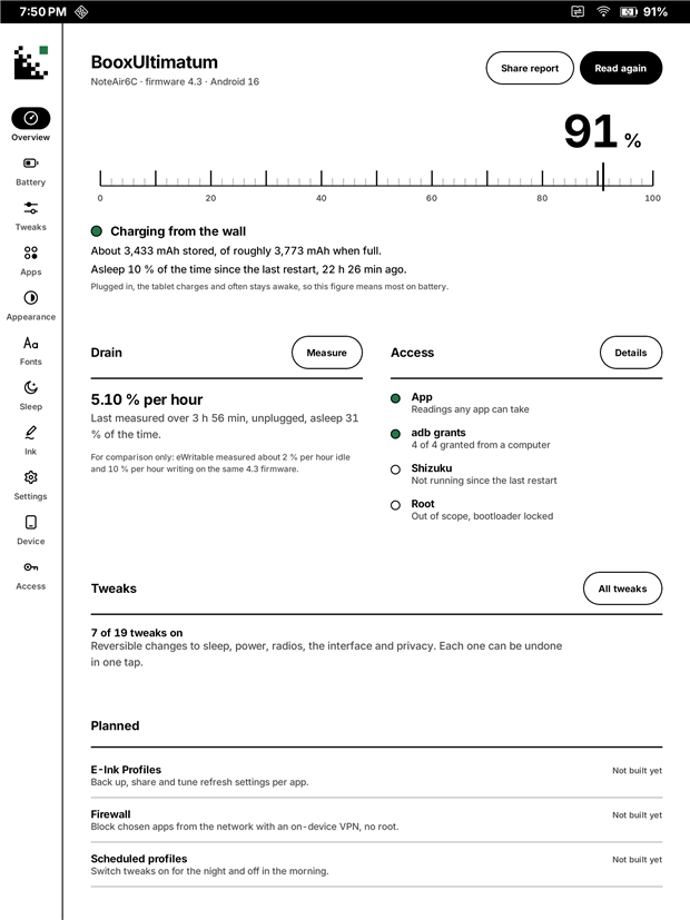 Overview: a tuning-scale battery gauge at 91 percent, charging status, measured drain, access level and tweak count.