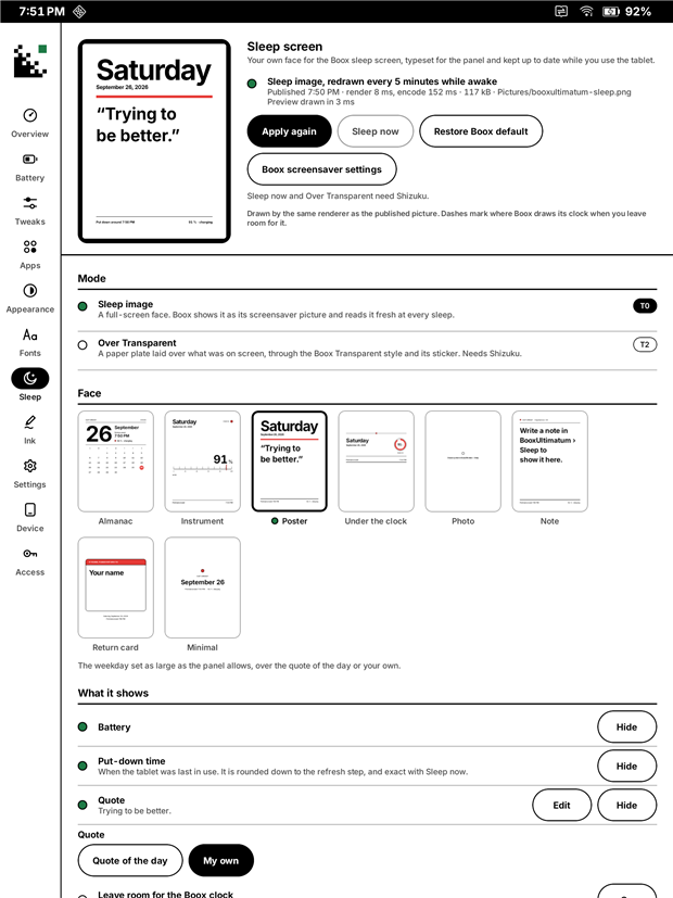 The Sleep screen studio in portrait: a preview of the face, Apply keys, the mode and the face picker.