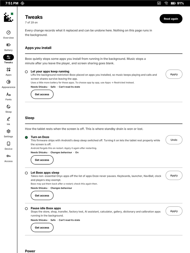 Tweaks: grouped, reversible changes, each showing its access level.